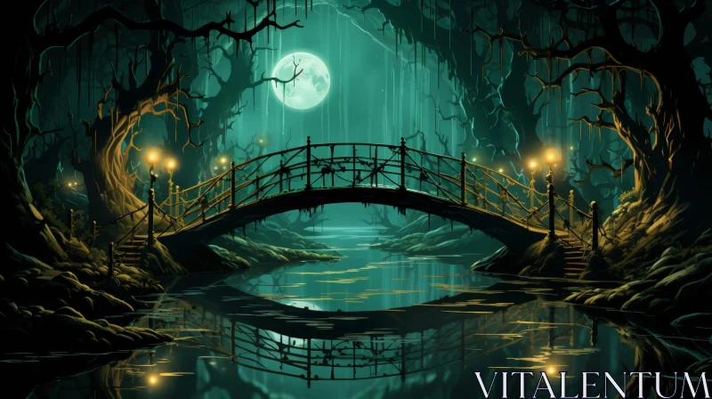 AI ART Moonlit Mysterious Forest with Bridge