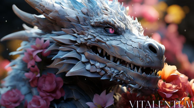 Silver Dragon in Pink Flowers - Digital Fantasy Art AI Image