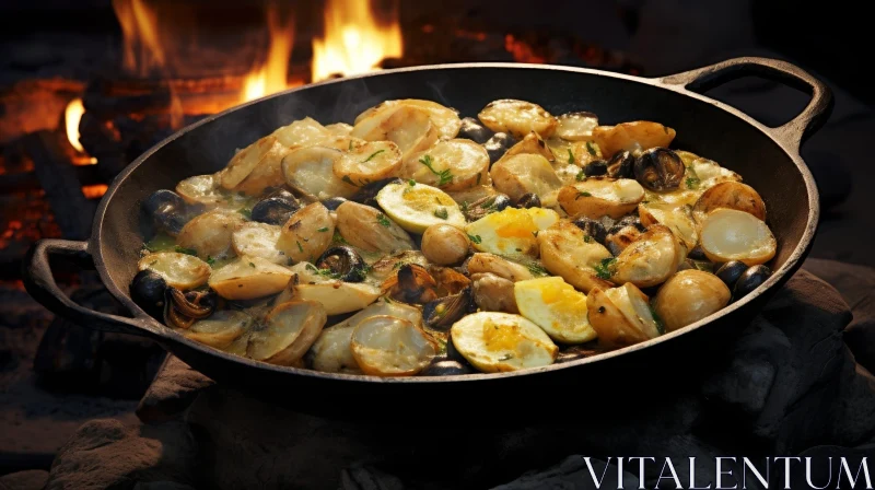 Sizzling Cast Iron Pan with Potatoes, Clams, and Eggs AI Image
