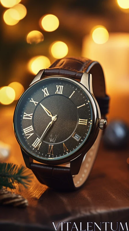 Stylish Men's Wristwatch with Roman Numerals on Wooden Table AI Image