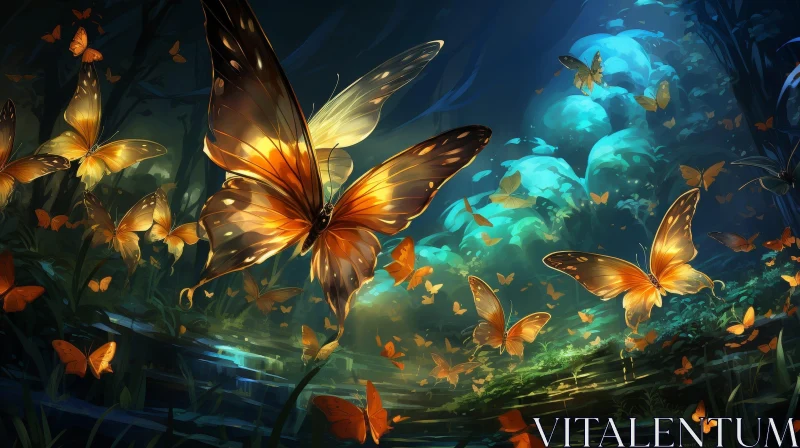 AI ART Tranquil Forest Stream with Sunlight and Butterflies