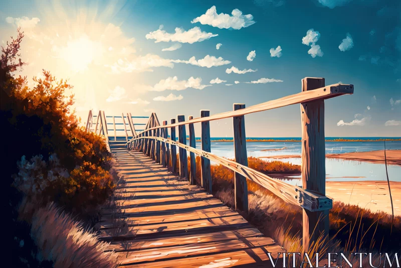Vibrant Coastal Illustration: Wooden Walkway to the Water AI Image