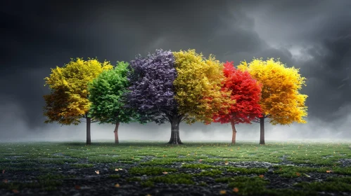 Vivid Trees in a Colorful Field Landscape