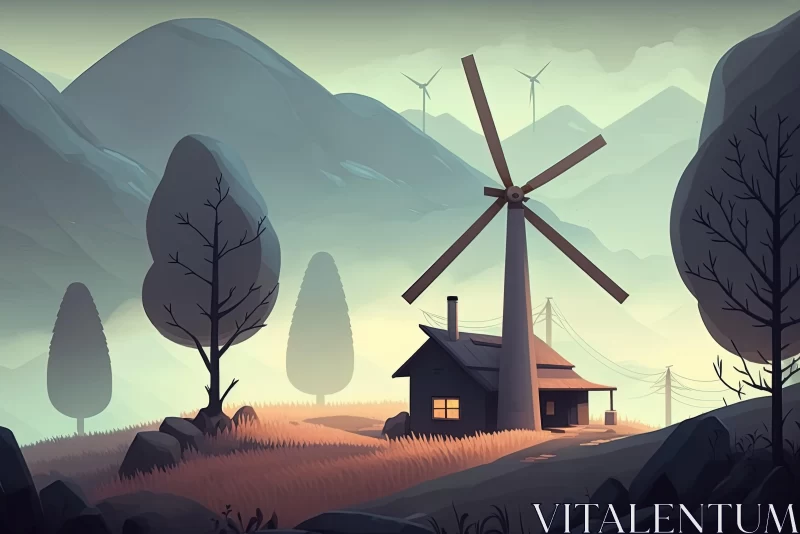 Captivating Windmill Illustration with Mountains and House AI Image