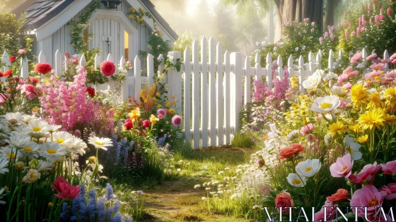 Colorful Cottage Garden with Roses and Tulips AI Image