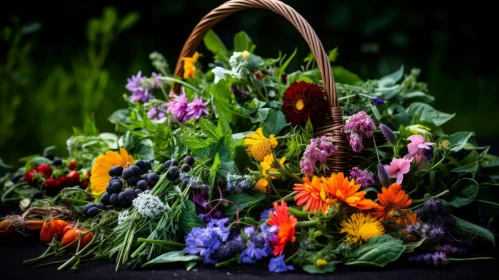 Colorful Flower and Herb Still Life in Wicker Basket