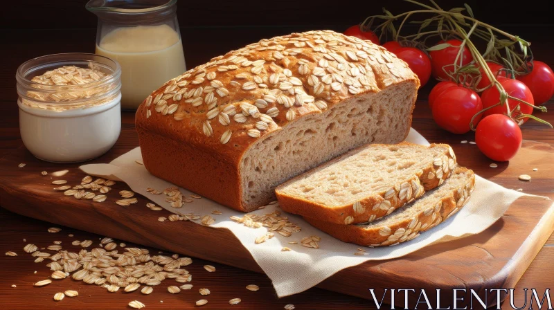Delicious Bread Loaf with Oats and Milk on Wooden Board AI Image