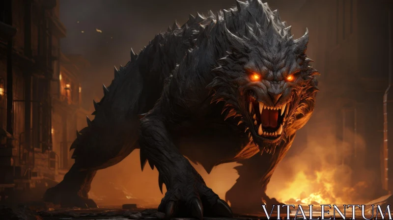 AI ART Fearsome Wolf Creature in Fiery City