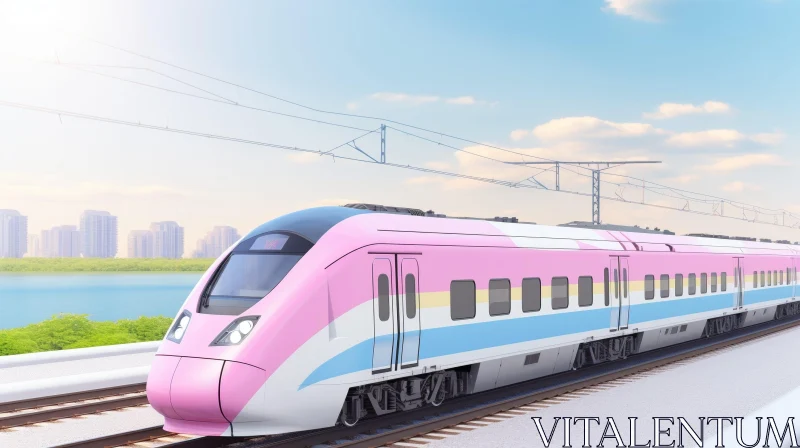 High-Speed Train Racing Along River in Pink and Blue Livery AI Image