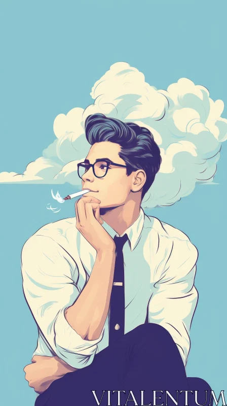 Pensive Man Smoking Cigarette Illustration AI Image