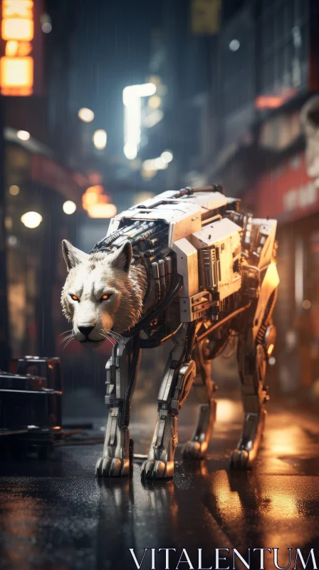 Robotic Wolf in Dark Street AI Image