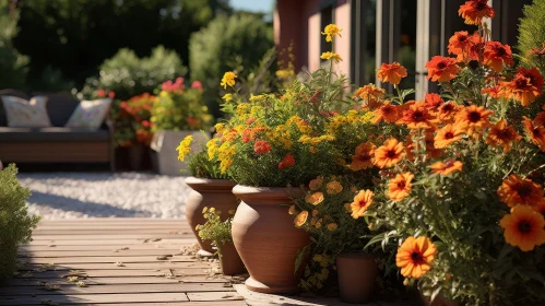 Serene Wooden Deck with Yellow and Orange Flowers