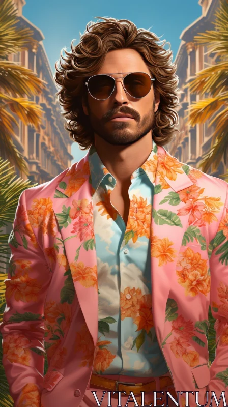 Stylish Man in Pink Floral Suit on City Street AI Image