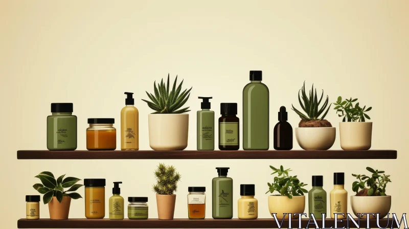 Wooden Shelves Skincare and Haircare Products Display AI Image