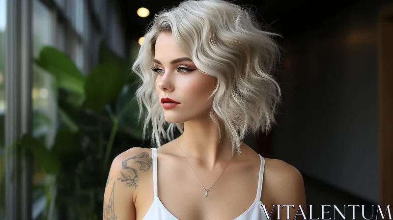 Young Woman with Short White Hair and Tattoo AI Image