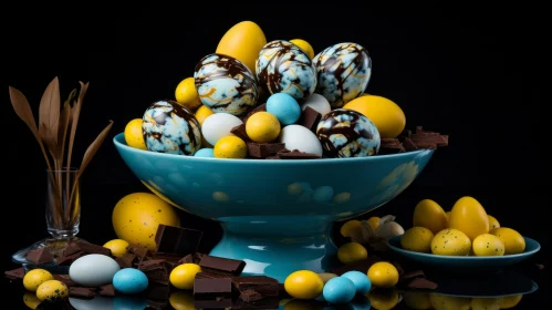 Blue Bowl with Chocolate Easter Eggs and Flower on Black Table