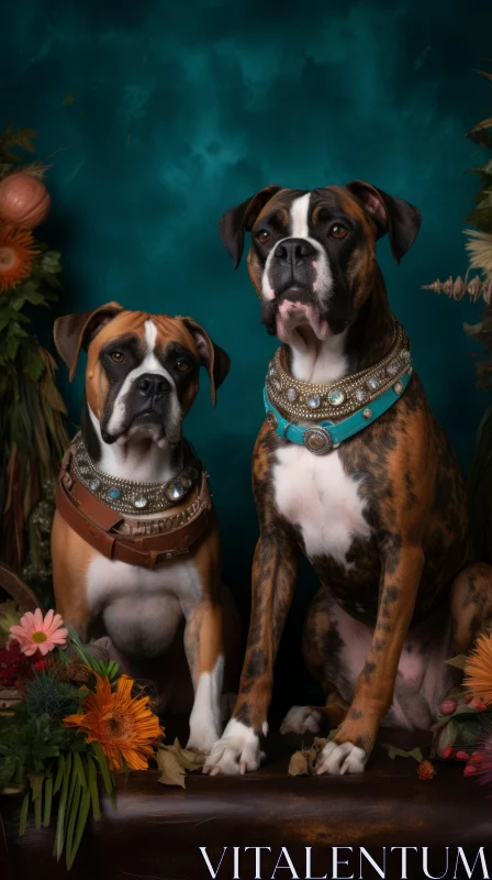 AI ART Brindle Boxer Dogs with Collars on Brown Surface