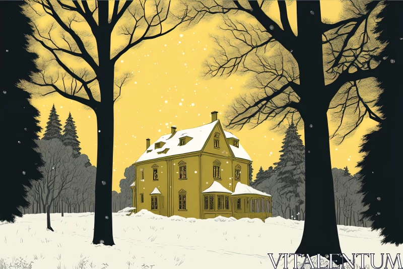 Captivating Illustration of a Large Yellow House Next to Snowy Trees AI Image