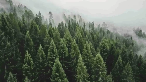 Enigmatic Aerial View of Coniferous Forest in Mist