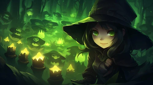 Enigmatic Woman in Green Hat in Dark Forest