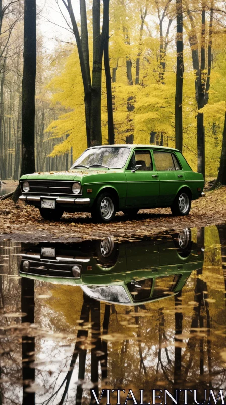 Green Car Parked in Forest | Realistic and Hyper-Detailed Rendering AI Image