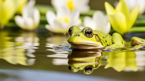 Green Frog in Pond: Close-up Nature Image