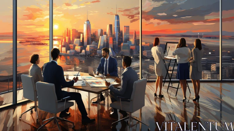 Modern Office Meeting with City View at Sunset AI Image