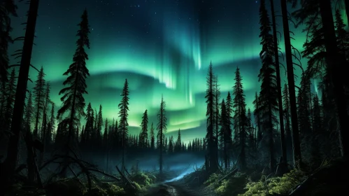 Night Forest with Aurora Borealis - Natural Light Display