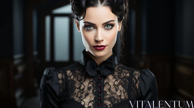 Serious Woman Portrait in Black Lace Blouse AI Image