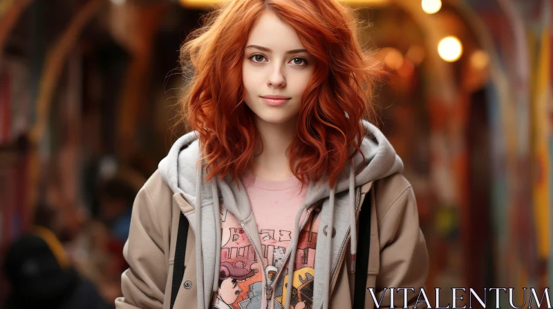 AI ART Young Woman with Wavy Red Hair in City Street