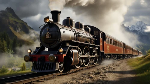 Black Steam Locomotive on Mountain Railroad Track
