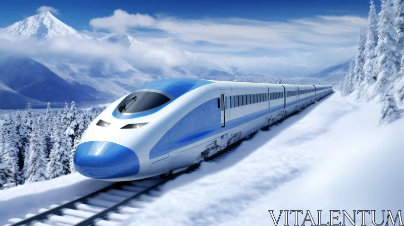 Blue and White High-Speed Train in Snowy Mountain Landscape AI Image
