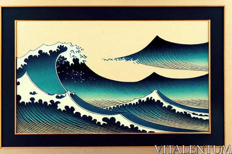 Captivating Blue Japanese Print with Majestic Waves | Woodcarvings AI Image