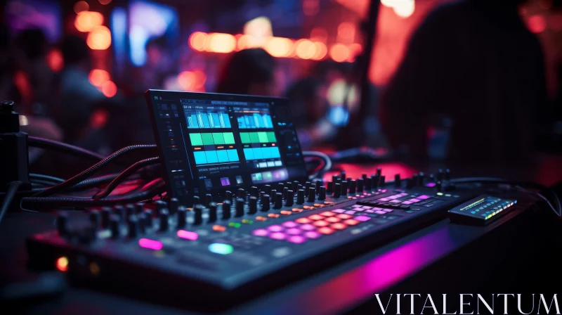AI ART DJ Mixer and Laptop in Dark Room with Colorful Lights