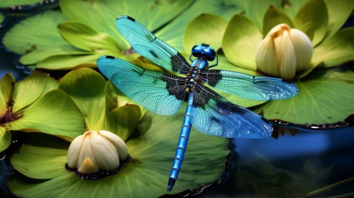 Dragonfly on Lily Pad in Pond: Serene Nature Close-up