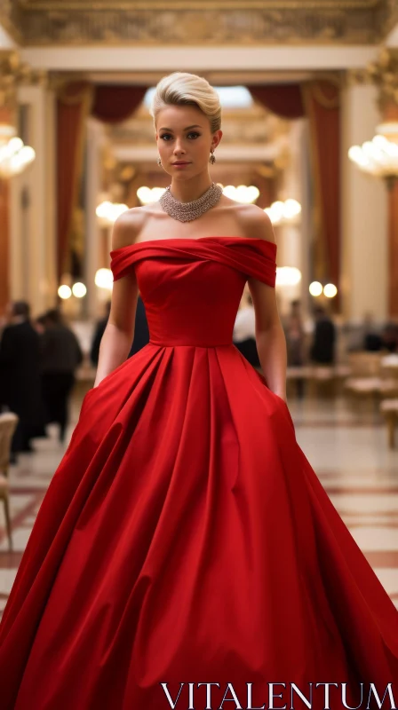 Elegant Woman in Red Evening Gown | Confidence and Poise AI Image