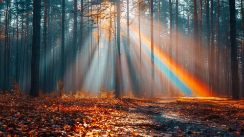 Enchanting Forest Landscape with Rainbow and Sunlight