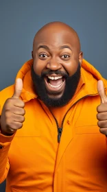 Expressive Man in Orange Jacket Giving Thumbs Up