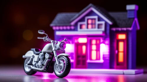 Glowing Purple Toy House with Motorcycle - Table Setting