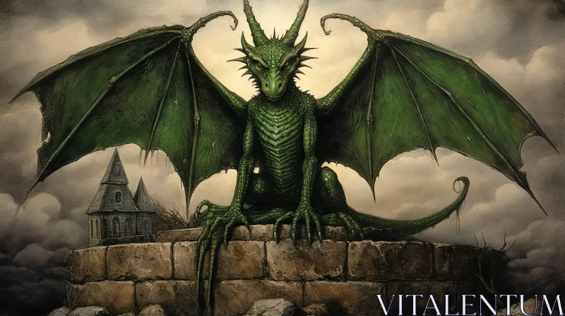 Green Dragon Digital Painting at Ruined Castle AI Image