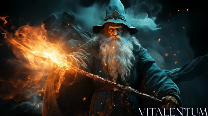 Mystical Wizard Painting with Fire Background AI Image