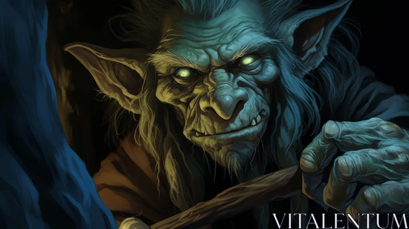 AI ART Sly Green Goblin in Dark Cave