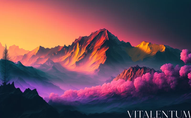 Vibrant Abstract Mountain Scene with Purple Flowers and Clouds AI Image