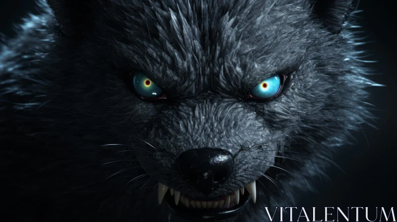3D Wolf Face with Blue Eyes and Snarling Expression AI Image
