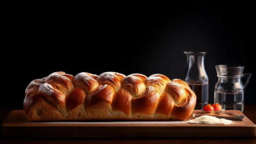 Delicious Braided Bread with Powdered Sugar on Wooden Table
