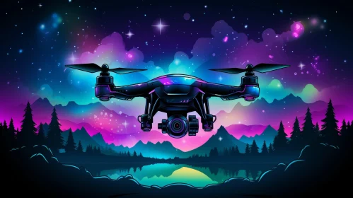 Drone Flying Over Mountain Lake - Retro-Futuristic Artwork