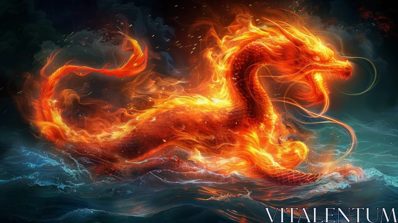 Fire Dragon in Stormy Sea - Digital Artwork AI Image