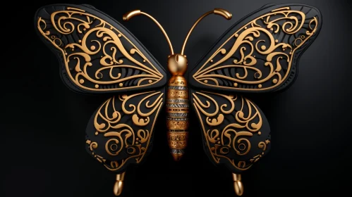 Intricate 3D Butterfly with Golden Patterns in Flight