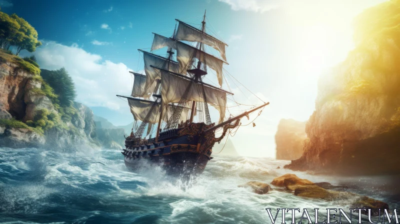 Pirate Ship Sailing Through Stormy Sea - Digital Painting AI Image