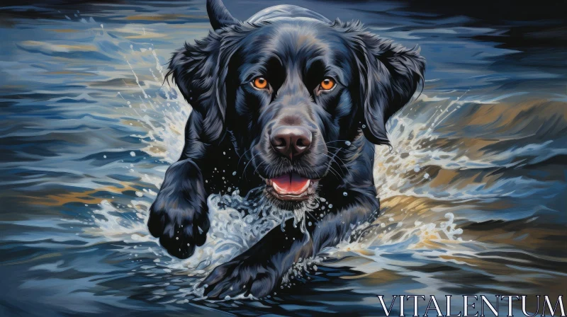 AI ART Playful Black Labrador Retriever Running in Water